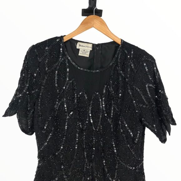 80’s Vintage Stenay Black Beaded Flapper Gatsby Zigzag Hem Short Sleeve Blouse - Picture 2 of 13